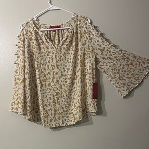 Jennifer Lopez, 3/4 sleeve blouse, animal print, for women, yellow, size L
